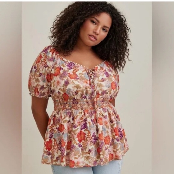 Torrid NWT Georgette Eyelet Smocked Waist Womens Puff Sleeve Blouse Boho Size 5X - Picture 2 of 8